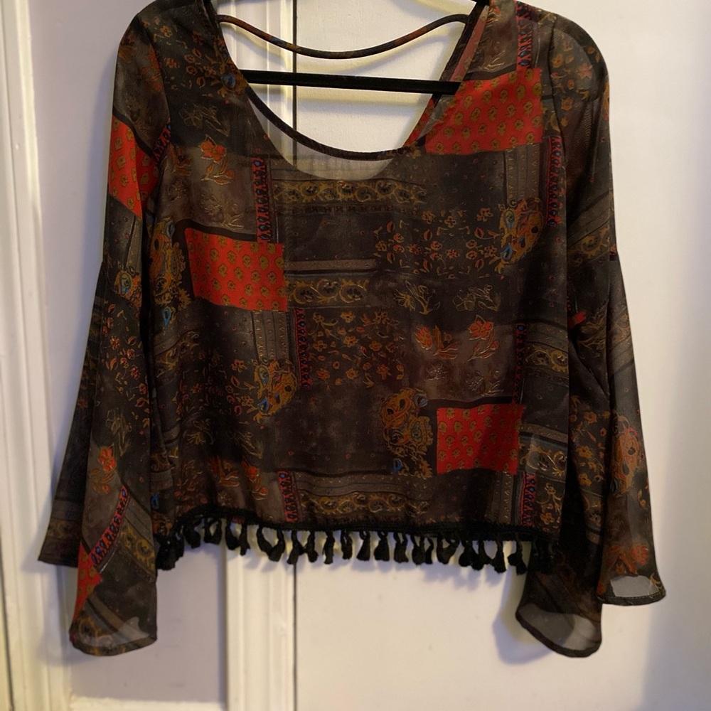 Romeo & Juliet Couture Multicolor Bell Sleeve Sheer Blouse with Tassels